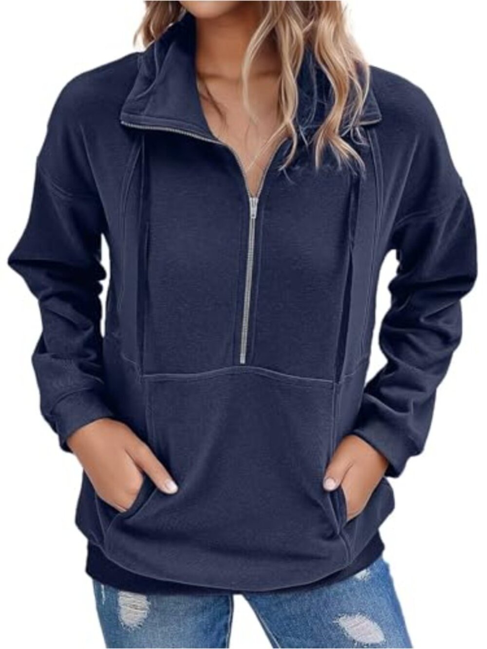 Half Zip Hoodie Sweatshirt Patch Pocket Loose Pullover Long Sleeve
